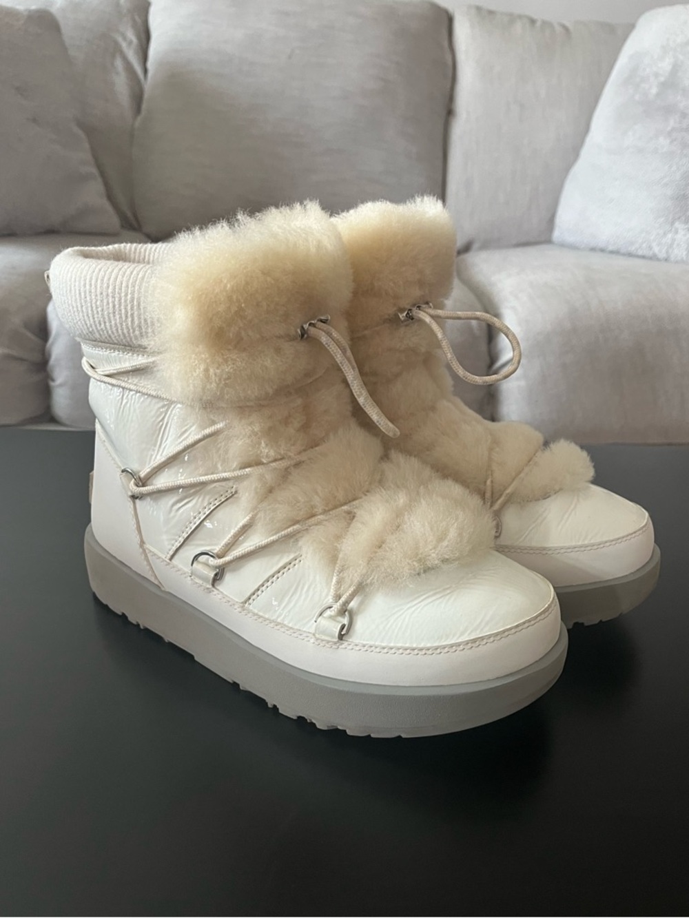 UGG Highland Waterproof White Patent Leather Snow Boots with Sherpa Fur